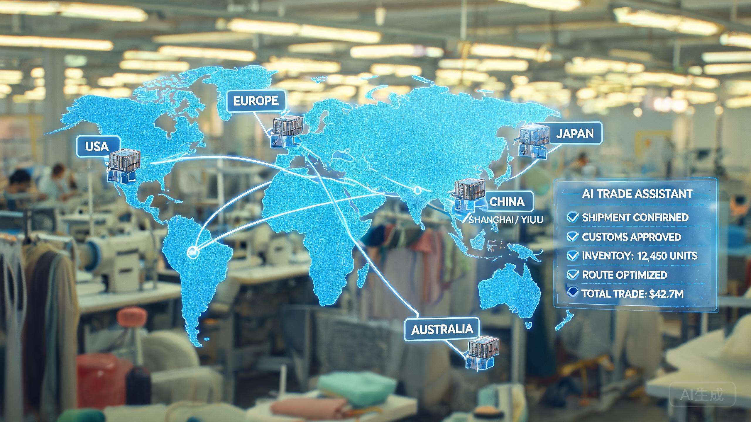 AI cross-border manufacturing concept — factory in Yiwu China connected to global markets through artificial intelligence