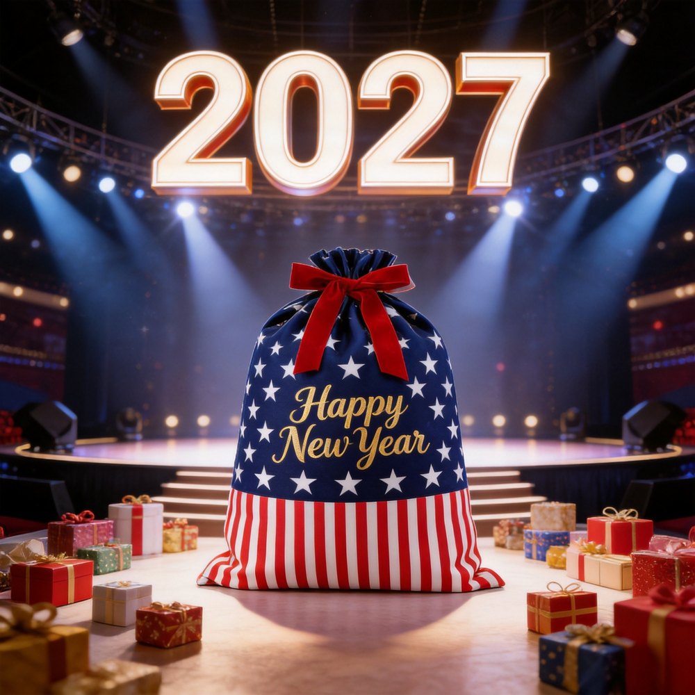AI generated mockup of a navy New Year drawstring gift bag with white stars, gold Happy New Year lettering and red and white stripes, 2027 stage background