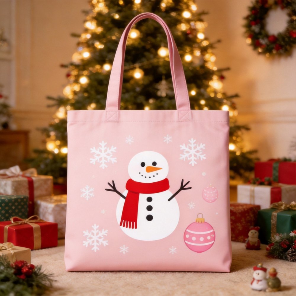 Pink Christmas snowman tote bag canvas shopping bag 粉色圣诞雪人托特包 帆布手提袋