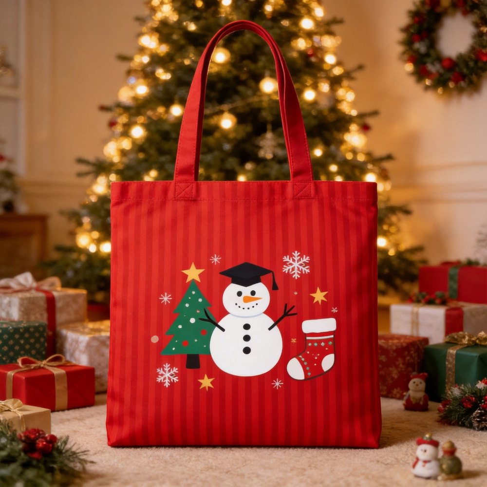 Red Christmas snowman tote bag canvas shopping bag 红色圣诞雪人托特包 帆布手提袋